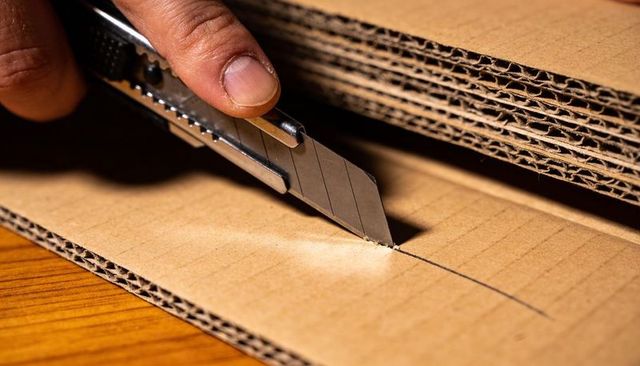 Hand guiding utility blade for precision cutting corrugated cardboard on workbench