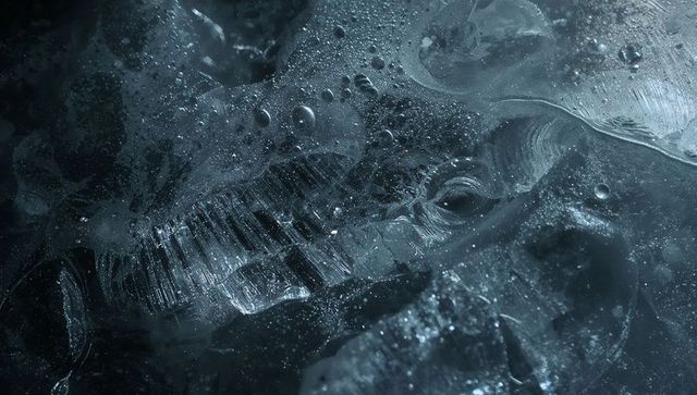 Fractured blue ice macro revealing layered crystal planes and trapped bubbles