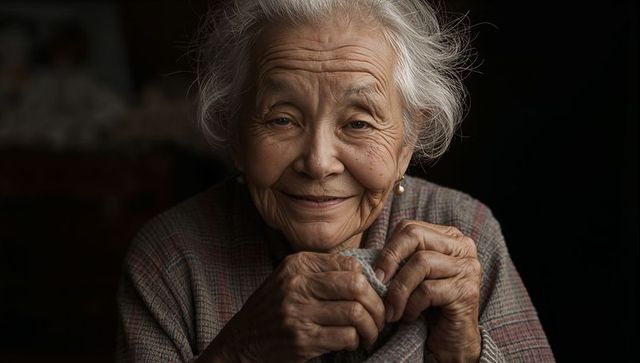 Senior asian woman holding knit cloth, smiling gently while examining fabric and hands