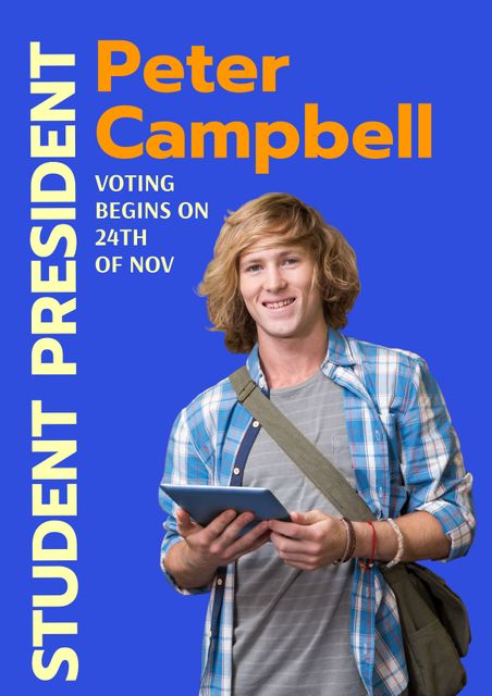 Young candidate is smiling and holding a tablet while promoting student elections. The flyer announces the start date for voting on 24th of November. Ideal for college announcements, student body election campaigns, and educational institutions aiming to boost student engagement during elections.