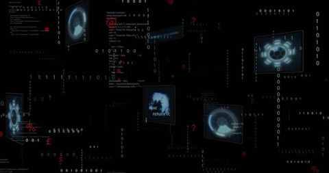 Cyber HUD Screens Streaming Binary Code with Neon Glyphs in Dark Digital Network