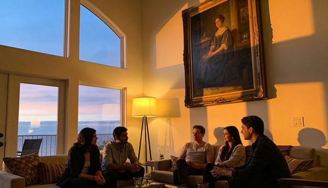 Friends chatting in coastal living room at sunset with ocean view through arched windows