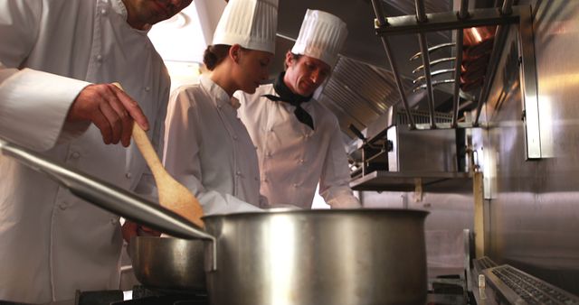 Group of chefs preparing food together in an industrial kitchen, fostering teamwork and collaboration. Practical for culinary training programs, restaurant promotions, cooking classes, teamwork and efficiency concepts, food industry publications, and culinary educational materials.