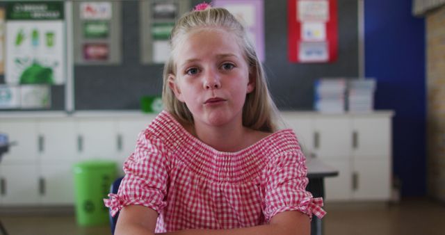 A young girl sits attentively in a classroom, wearing a red checkered shirt. The background includes decorated walls, books, and school supplies. This image can be used for education-related content, school advertisements, learning materials, or articles about childhood development and student life.