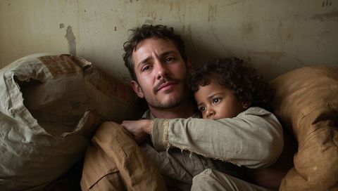 Father embracing child in rustic interior conveying quiet strength and intimate bond
