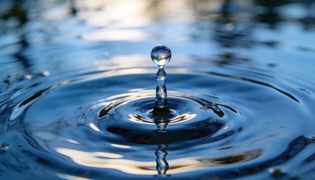 Crystal water droplet rising on concentric ripples reflecting blue sky and golden light