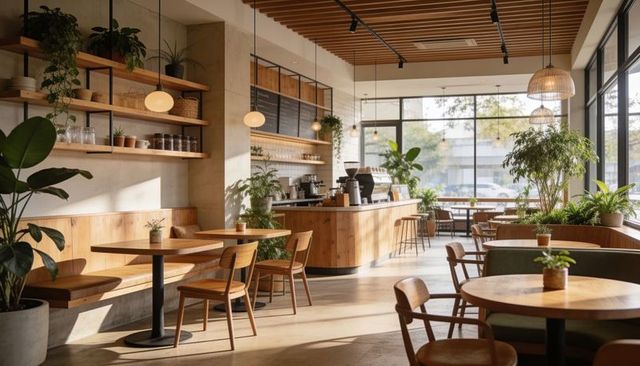 Sunlit modern wood coffee bar with espresso machine, plants, cozy seating and shelves