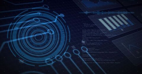 Holographic Circular HUD with Code Overlay and Data Visualization Dashboard Interface