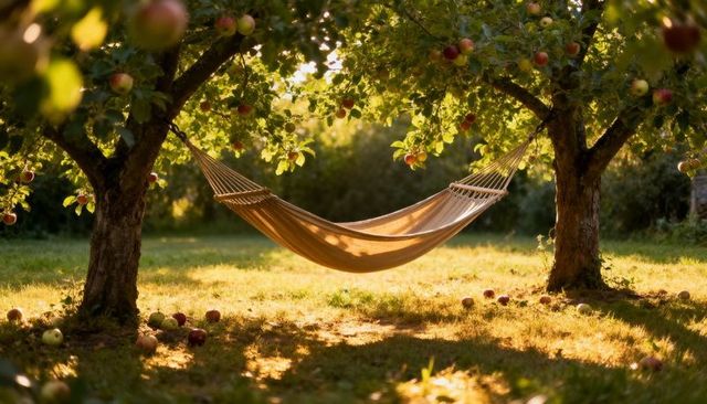 Sunlit beige hammock hanging between apple trees at golden hour in peaceful orchard