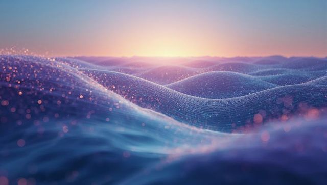 Futuristic neon mesh waves with glowing particles