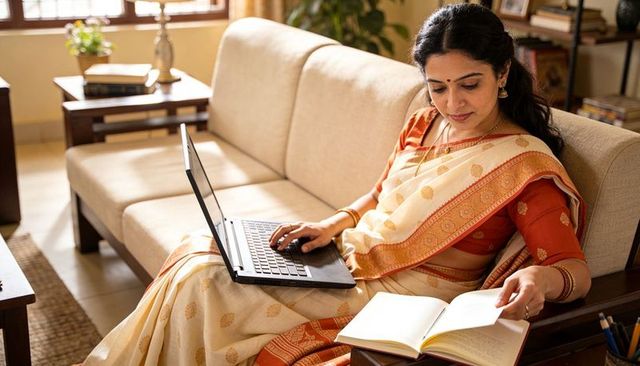 Typing woman in cream saree using laptop and reading notebook on sunlit sofa