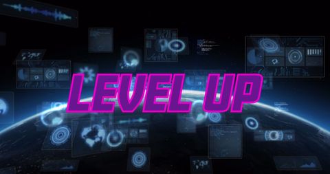 Futuristic level up screen with data interfaces