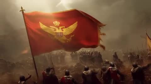 Medieval army rallying under waving red standard with gold eagle on smoky battlefield