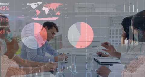 Business Meeting with Digital Financial Data Overlay