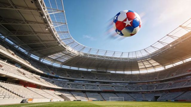 Flying red white blue star-patterned soccer ball arcing across stadium at sunset