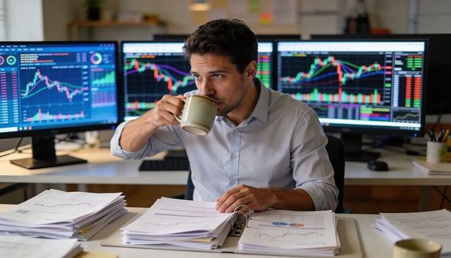 Trader reviewing market reports while sipping coffee at multi-monitor trading desk analyzing stocks