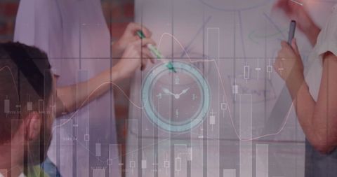 Business Team Collaborating on Strategy with Data Visualization Overlay