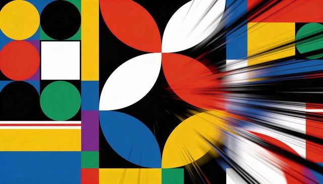 Colorful Geometric Pinwheel Stretching Into Radial Motion With Bold Graphic Blocks