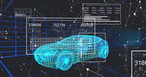 Rotating Cyan Wireframe Sports Car Displaying Futuristic HUD, Data Readouts and Grid