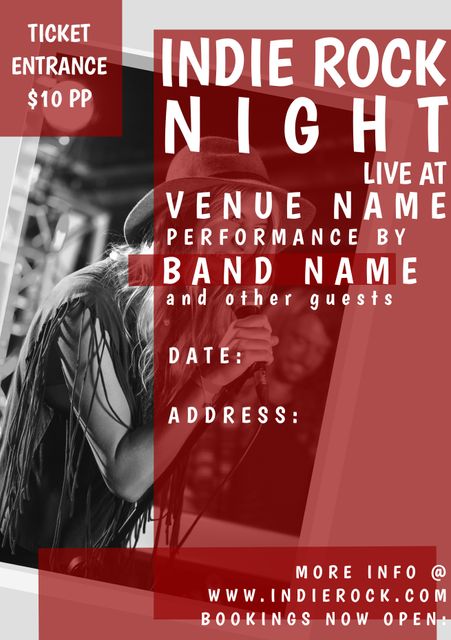 Graphic highlighting an indie rock concert night featuring a woman passionately singing on stage. Ideal for promoting music events, indie band performances, and live shows. The color scheme and design elements create an energetic atmosphere, perfect for attracting attention to ticket sales and venue information.