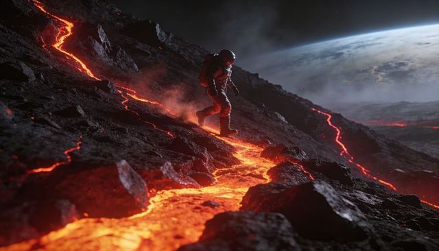 Astronaut exploring lava field on alien planet with glowing magma rivers