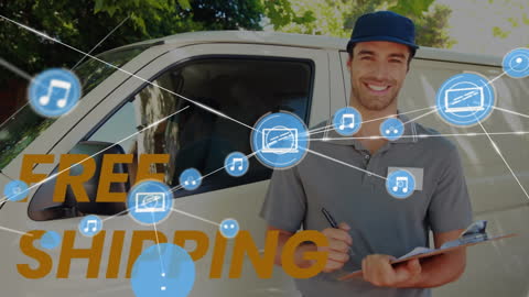 Smiling Delivery Man with Free Shipping Network Graphic