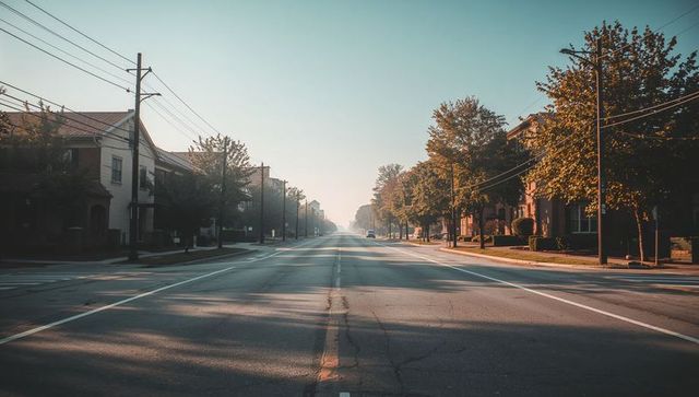 Empty suburban avenue stretching to horizon at sunrise with tree-lined sidewalks