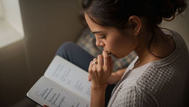 Young woman journaling by sunlit window tapping pen in cardigan and rings quiet moment