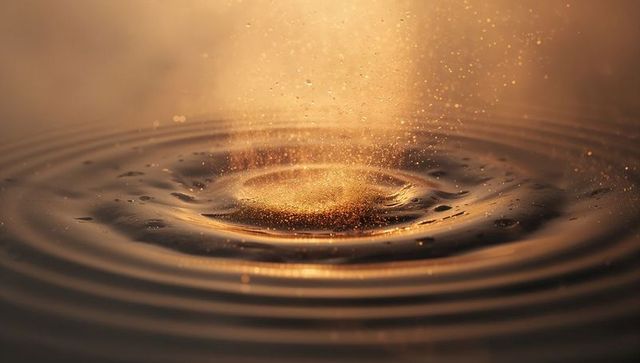 Golden particles creating ripple on liquid surface with warm ambient light