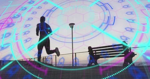 Digital Overlay on African American Man Running at Sunset