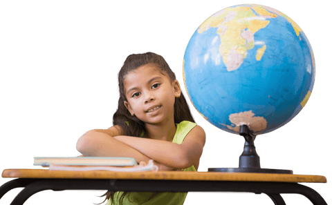 Curious schoolgirl with world globe on transparent background for education concept