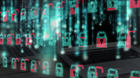 Cybersecurity Threats Depicted with Unlocking Padlocks on Laptops