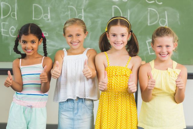 Four smiling girls standing in front of chalkboard, giving thumbs up. Ideal for educational materials, school promotions, and advertisements focusing on childhood education, diversity, and positive learning environments.