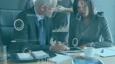 Business Professionals Analyzing Financial Data with Infographic Overlay