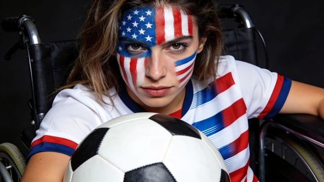 Determined adaptive soccer athlete in wheelchair with usa face paint holding ball, empowerment