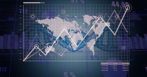 Global Financial Analytics Showing Dotted World Map with Rising Trend Line and Handshake