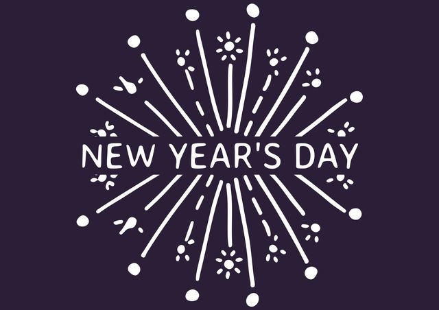 Text 'New Year's Day' with a simple yet festive fireworks graphic on dark background is great for holiday greetings. Perfect for cards, social media posts, invitations, and digital banners.