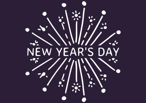 Text 'New Year's Day' with a simple yet festive fireworks graphic on dark background is great for holiday greetings. Perfect for cards, social media posts, invitations, and digital banners.