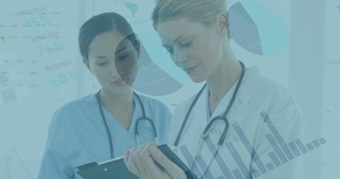 Diverse Female Doctors Analyzing Medical Data with Digital Interface