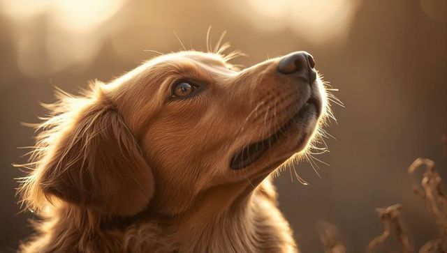 Golden Retriever Gazing Upward in Warm Backlight at Meadow Edge with Rimlit Whiskers