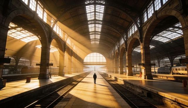 Silhouetted traveler standing on sunlit historic train platform with dramatic sunbeams