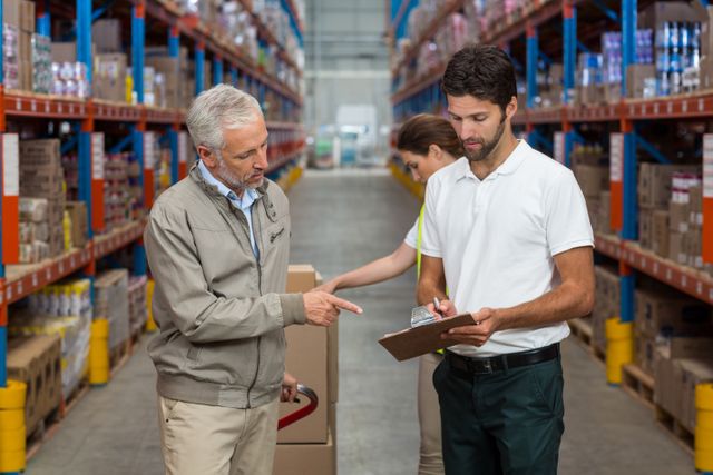 Warehouse manager and male worker discussing inventory while holding a clipboard in a large warehouse. This image can be used for articles or advertisements related to logistics, supply chain management, warehouse operations, teamwork, and business organization.