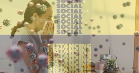 Social distancing concept with sick woman and viral particles