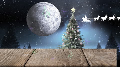 Santa Claus Sleigh and Reindeer Against Moonlit Christmas Scene