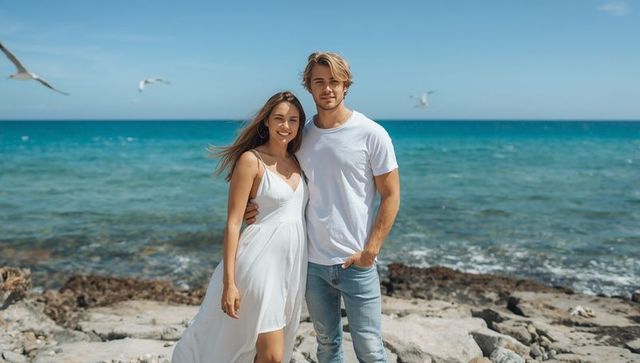 Romantic Couple Enjoying Summer Day by Turquoise Shoreline