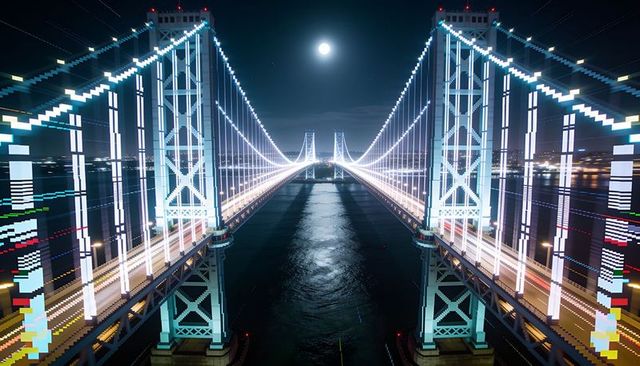 Moonlit suspension bridge casting led light trails, symmetrical towers, glowing water