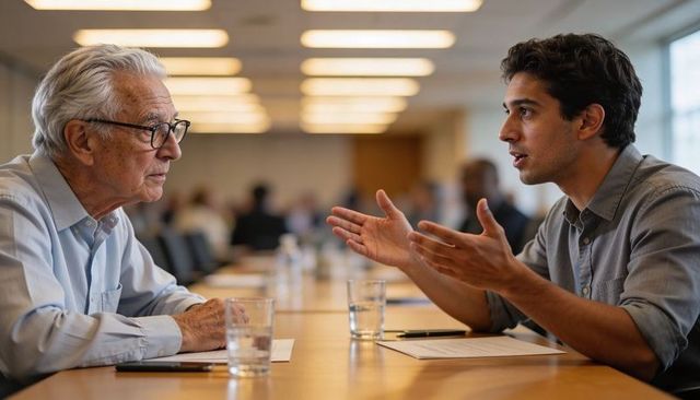 Intergenerational business mentoring: young professional presenting ideas to senior executive