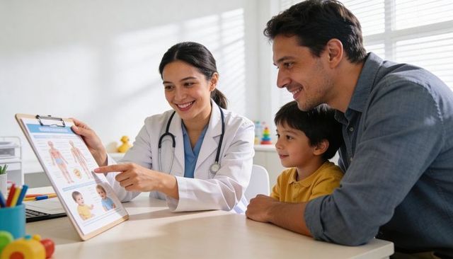 Pediatrician explaining child growth charts to father and son in bright clinic
