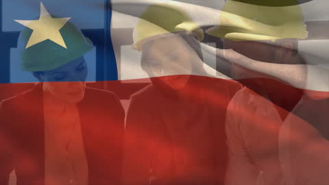 Chilean Flag Overlay with Diverse Architects Examining Blueprints