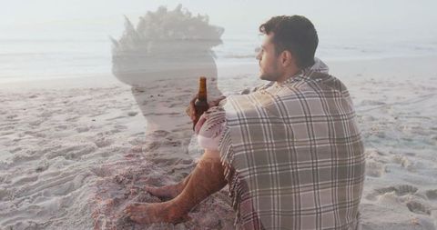 Contemplative Man on Beach with Ghostly Silhouette